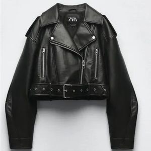 NEW Zara Womens Faux Leather Crop Biker Jacket Viral Size S Oversize